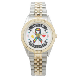 Autism Awareness Vintage Black Leather Strap Watch