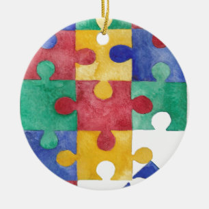 Autism Awareness watercolor puzzle Ceramic Tree Decoration