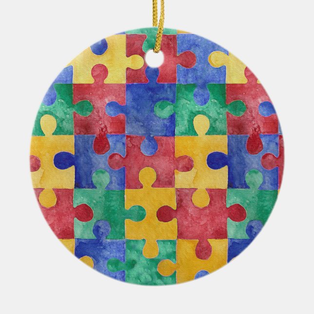 Autism Awareness watercolor puzzle ornament (Front)