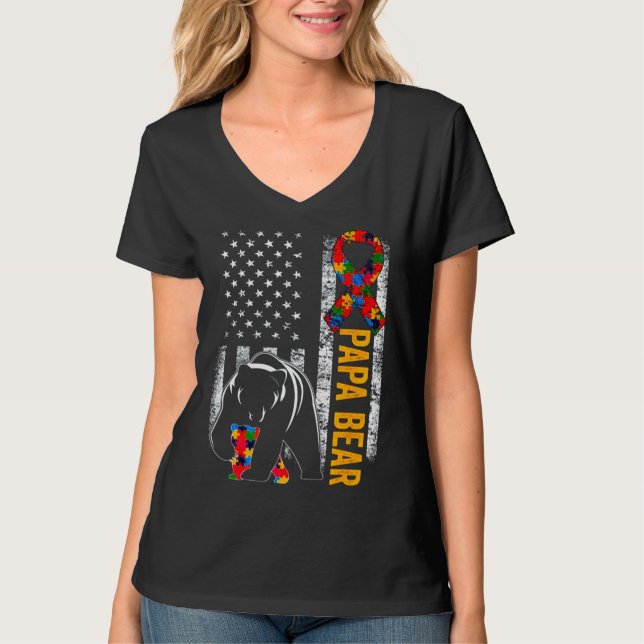 Autism Bear Papa American Flag Awareness T-Shirt (Front)