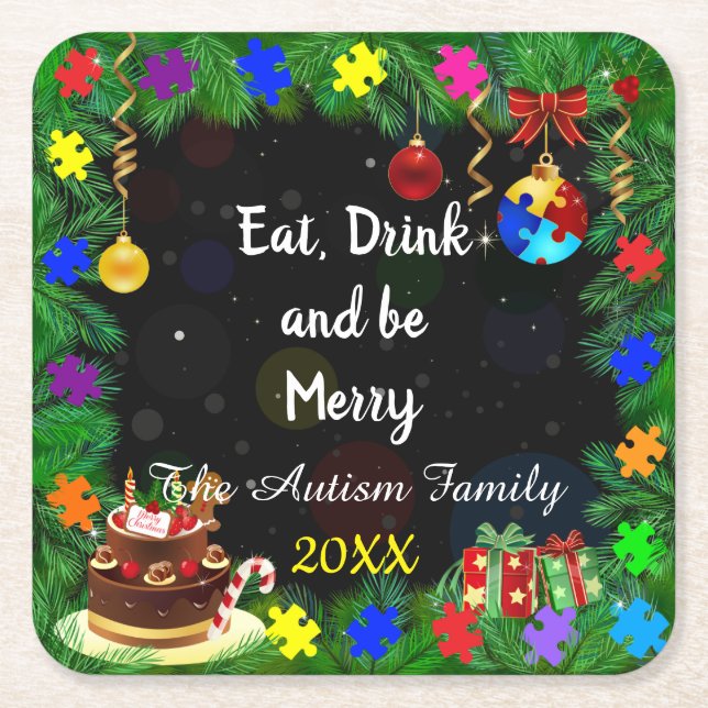 Autism Christmas Party Square Paper Coaster (Front)