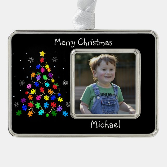 Autism Christmas Tree Silver Plated Framed Ornament (Front)