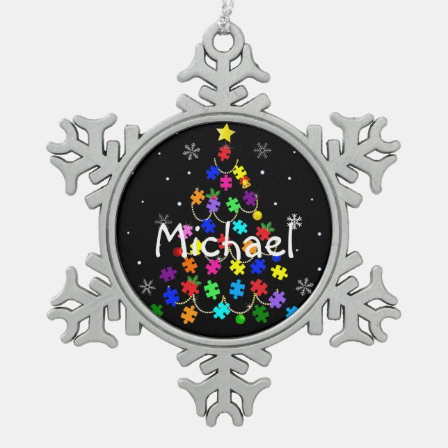 Autism Christmas Tree Snowflake Pewter Christmas Ornament (Front)
