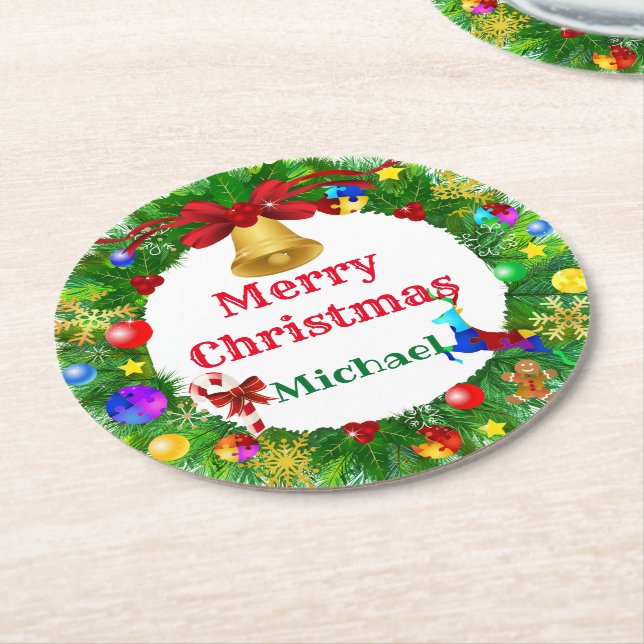 Autism Christmas Wreath Round Paper Coaster (Angled)