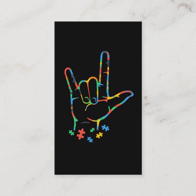 Autism Colourful Puzzle ASL Hand Sign Language Business Card (Front)