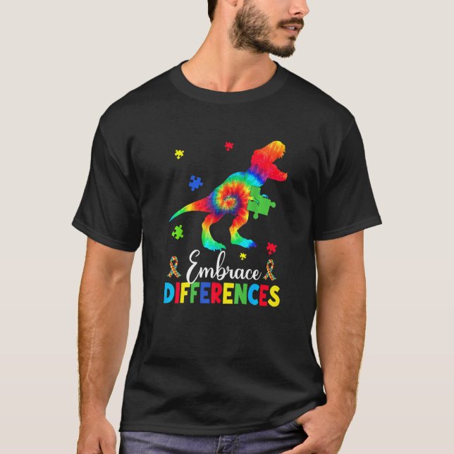 Autism Dinosaur Puzzle Piece Embrace Differences B T-Shirt (Front)