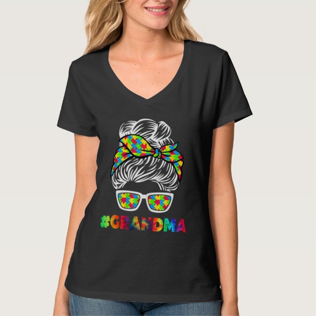 Autism Grandma Messy Bun Sunglasses Bandanna Mothe T-Shirt (Front)