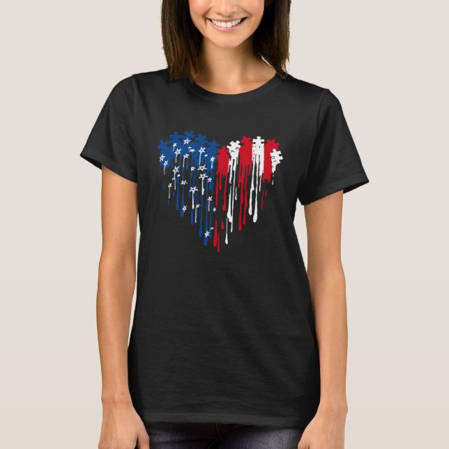 Autism Heart With American Flag Autism Awareness T-Shirt (Front)