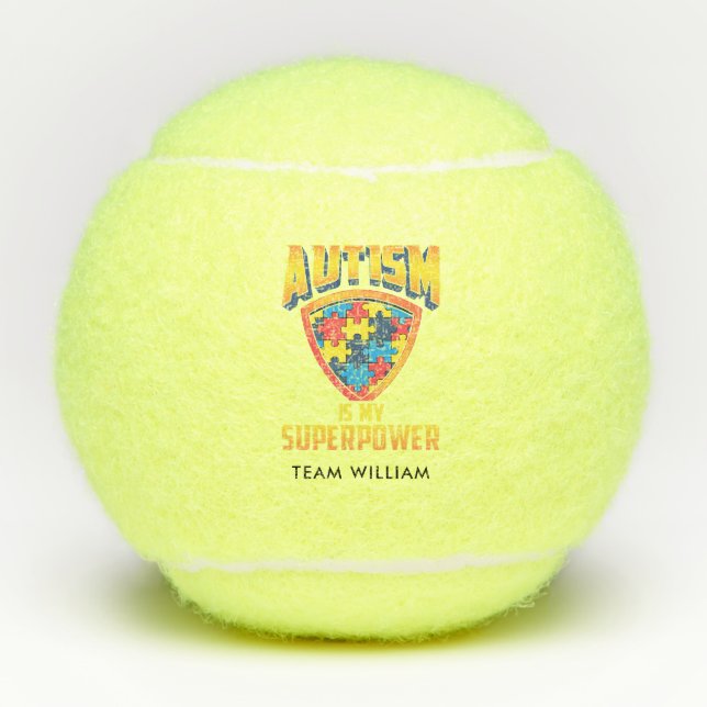 Autism Is My Superpower Gold Red Blue Team Custom Tennis Balls (Front)