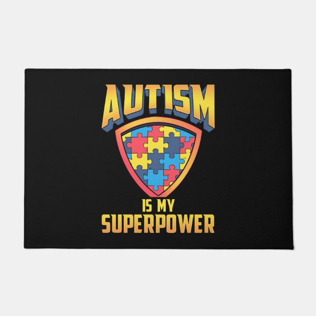 Autism Is My Superpower Puzzle Pieces Shield Doormat (Front)