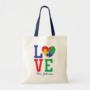 Autism Love Cute Puzzle Piece Heart Teacher Tote Bag