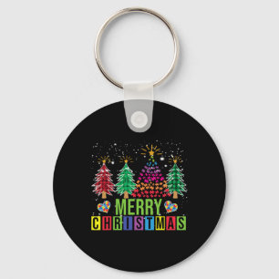 Autism Merry Christmas Tree Buffalo Plaid Matching Key Ring