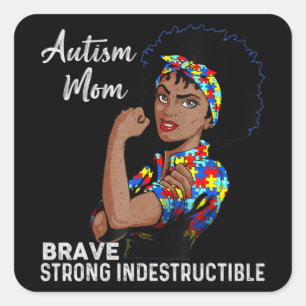 Autism Mum Indestructible Autism Awareness Black W Square Sticker