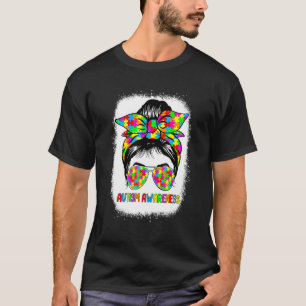 Autism Mum Life Messy Bun Sunglasses Bandanna Moth T-Shirt