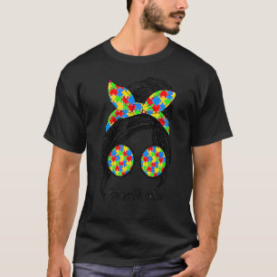 Autism Mum Life Messy Bun Sunglasses Bandanna Moth T-Shirt