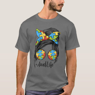 Autism Mum Life Messy Bun Sunglasses Bandanna Moth T-Shirt
