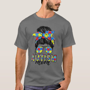 Autism Mum Life Messy Bun Sunglasses Bandanna Moth T-Shirt