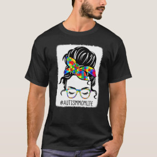 Autism Mum Life Messy Bun Sunglasses Bandanna Moth T-Shirt