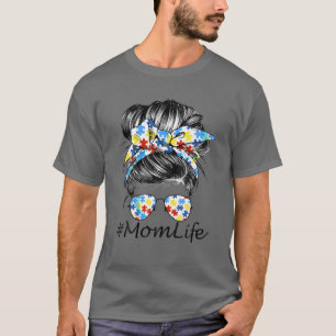 Autism Mum Life Messy Bun Sunglasses Bandanna Moth T-Shirt