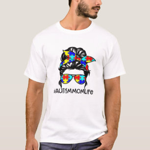 Autism Mum Life Messy Bun Sunglasses Bandanna Moth T-Shirt