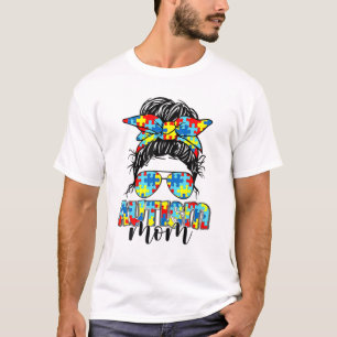Autism Mum Life Messy Bun Sunglasses Bandanna Moth T-Shirt