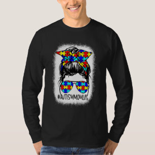 Autism Mum Life Messy Bun Sunglasses Bandanna Moth T-Shirt