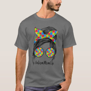 Autism Mum Life Messy Bun Sunglasses Bandanna Moth T-Shirt