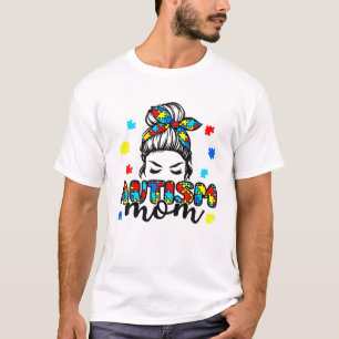 Autism Mum Life Messy Bun Sunglasses Bandanna Moth T-Shirt
