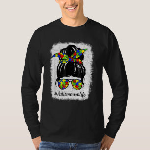 Autism Mum Life Messy Bun Sunglasses Bandanna Moth T-Shirt