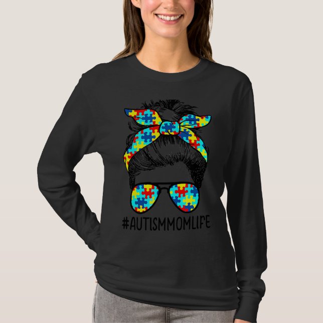 Autism Mum Life Messy Bun Sunglasses Bandanna Moth T-Shirt (Front)