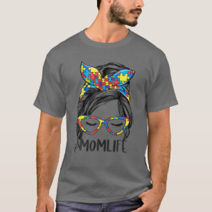 Autism Mum Life Messy Bun Sunglasses Bandanna Moth T-Shirt