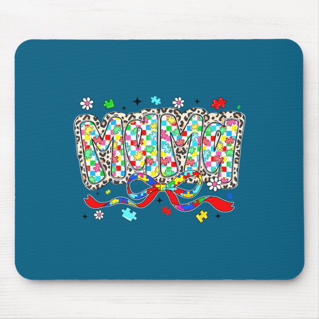 Autism mum mama leopard chequered puzzle piece bow mouse pad (Front)