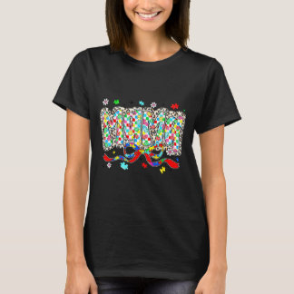 Autism mum mama leopard chequered puzzle piece bow T-Shirt