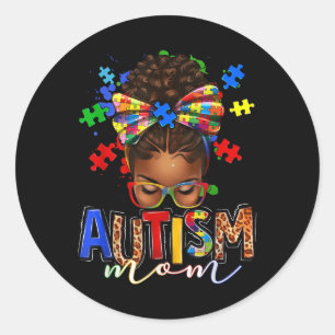 Autism Mum Messy Bun Black Women Autism Awareness Classic Round Sticker