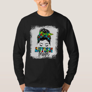 Autism Mum Messy Bun Hair Autism Awareness Mum T-Shirt