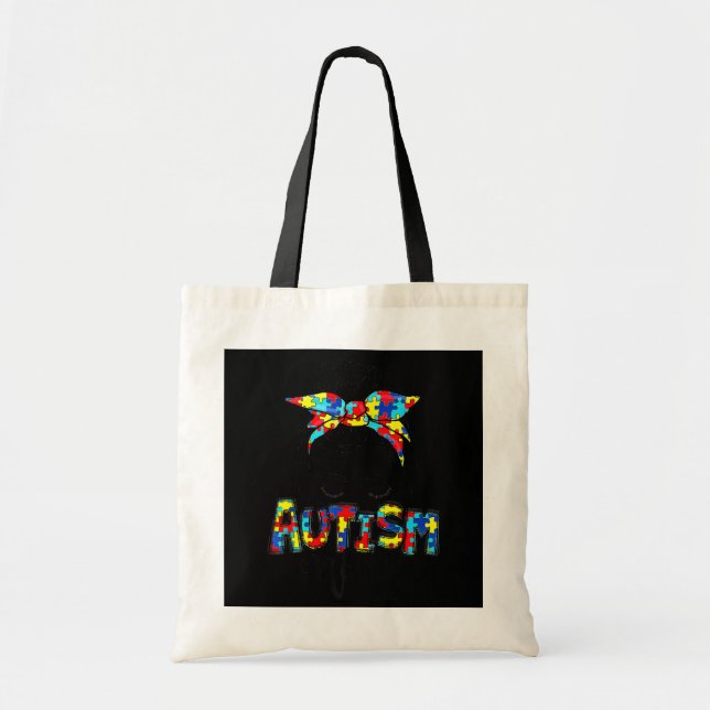 Autism Mum Messy Bun Hair Autism Awareness Puzzle Tote Bag (Front)