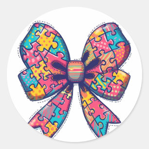Autism Mum Puzzle Piece Coquette Bow Ribbon Autism Classic Round Sticker