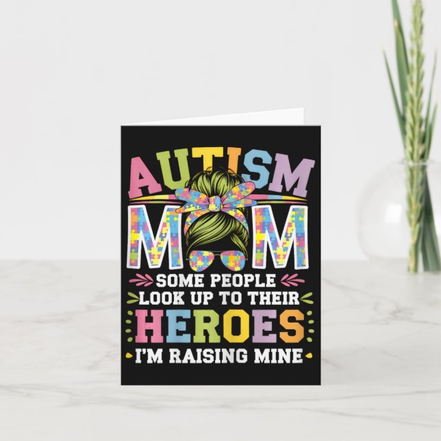 Autism Mum Raising Hero Groovy Messy Bun Autism Aw Card (Front)