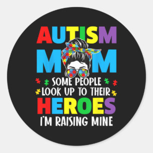 Autism Mum Raising Hero Groovy Messy Bun Autism Aw Classic Round Sticker