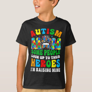 Autism Mum Raising Hero Groovy Messy Bun Autism Aw T-Shirt