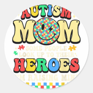 Autism Mum Raising Hero Puzzle Pieces In April We Classic Round Sticker