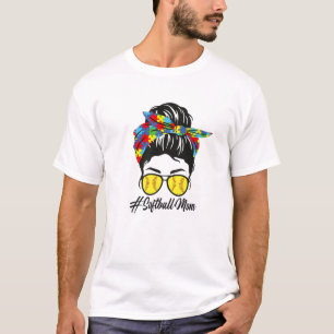 Autism Mum Softball Messy Bun Autism Awareness T-Shirt