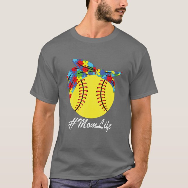 Autism Mum Softball Messy Bun Autism Awareness T-Shirt (Front)
