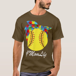 Autism Mum Softball Messy Bun Autism Awareness T-Shirt