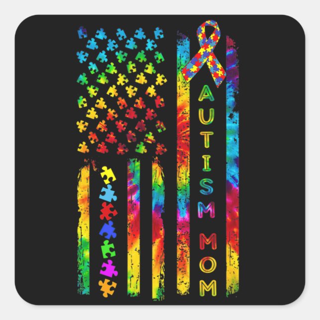 Autism Mum Tee Autism Awareness Tie Dye American F Square Sticker (Front)