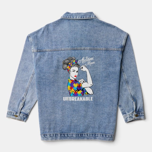 Autism Mum Unbreakable  Autism Awareness 12  Denim Jacket (Back)