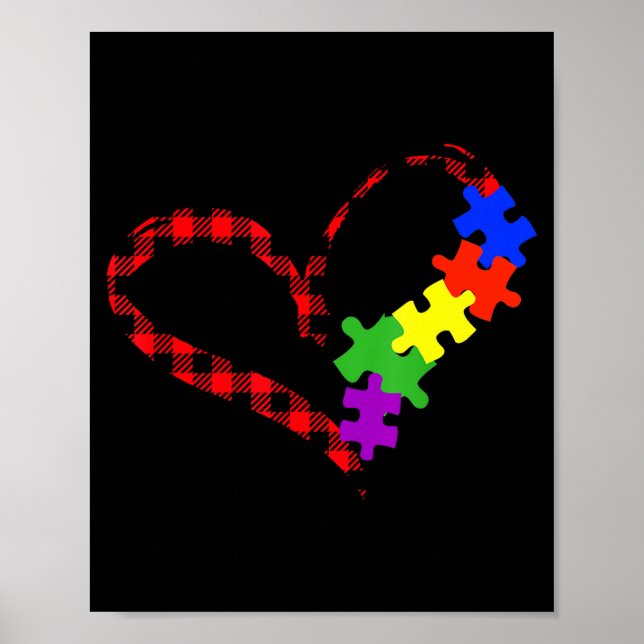 Autism Puzzle Buffalo Plaid Love Christmas Graphic Poster (Front)