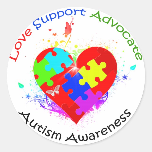 Autism Puzzle on Heart Classic Round Sticker (Front)