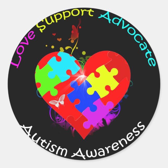 Autism Puzzle on Heart Classic Round Sticker (Front)