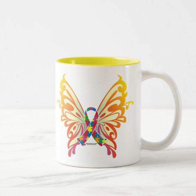 Autism Ribbon Butterfly Two-Tone Coffee Mug (Right)
